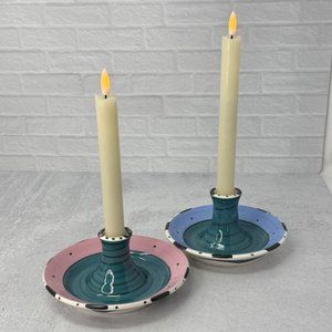 Pair Vintage Studio Pottery Candlestick Holders MacKenzie-Childs Style Pastel